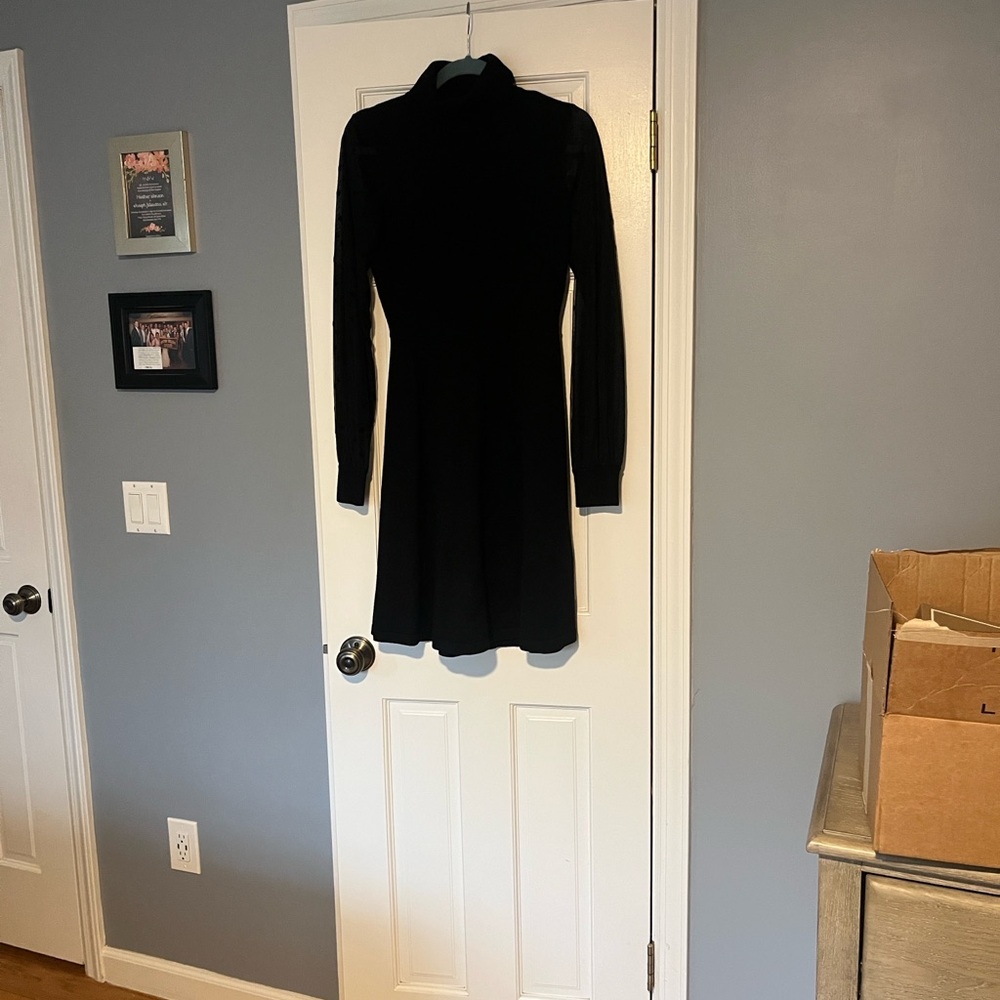 Eliza J Black Turtleneck Sweater dress with Sheer Polka Dot Sleeves - Picture 5 of 7
